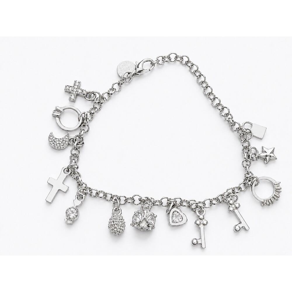 Sterling Silver 925 Charm Bracelet (13) Wedding Ring Cross Key Moon Crystal 6-8”
